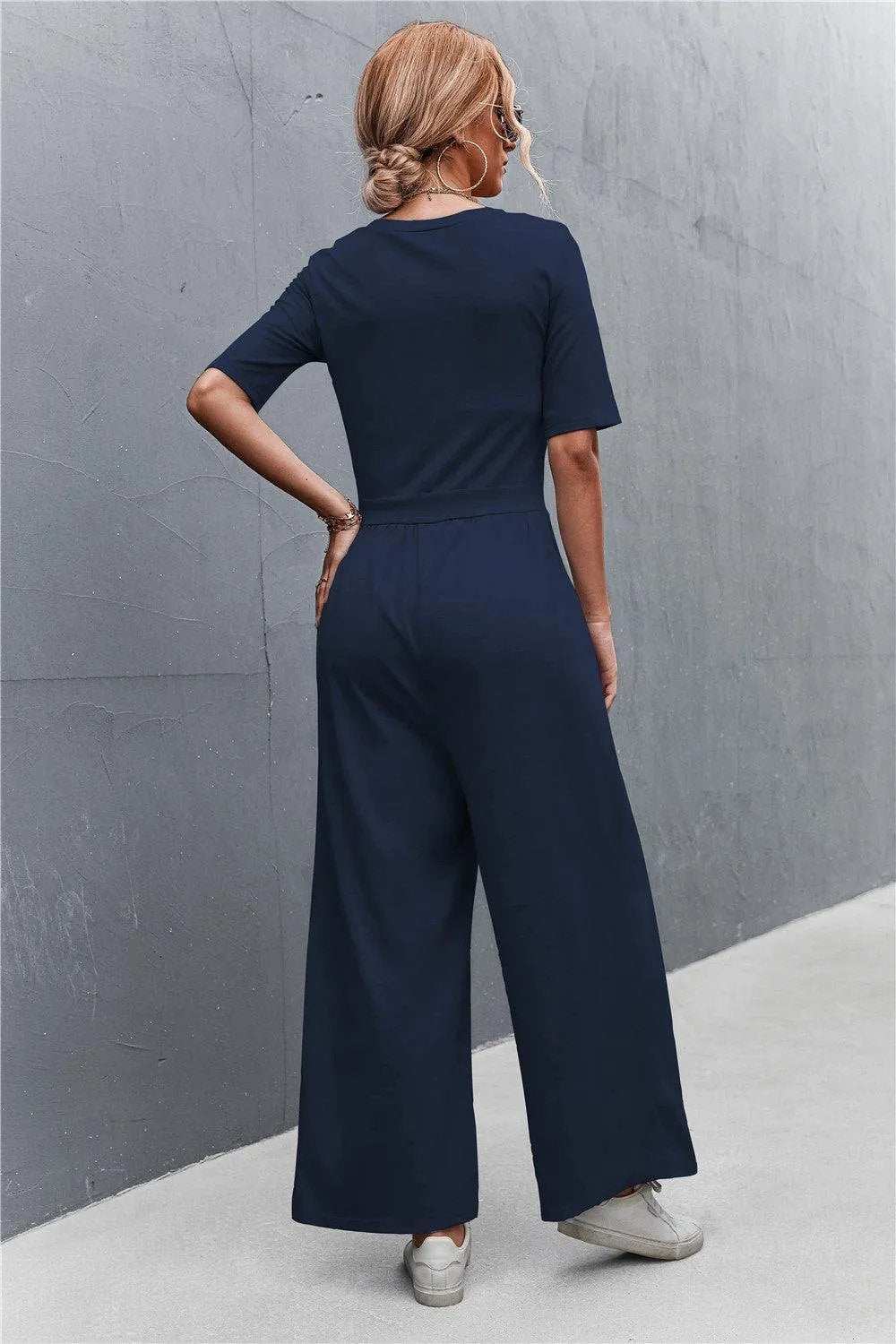 Scoop Neck Half Sleeve Wide Leg Jumpsuit - Trendsi - Flyclothing LLC