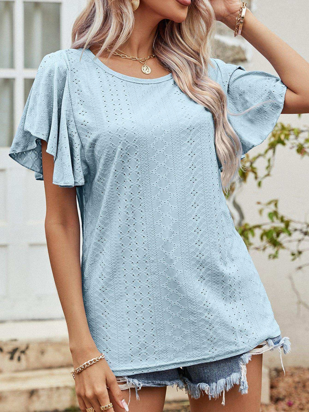 Round Neck Flutter Sleeve Blouse - Trendsi - Flyclothing LLC
