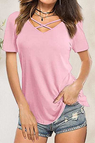 Crisscross Short Sleeve T-Shirt - Trendsi - Flyclothing LLC