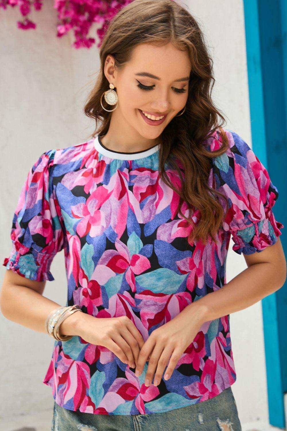 Floral Round Neck Puff Sleeve Top - Trendsi - Flyclothing LLC