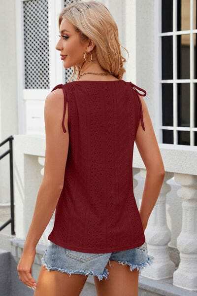 Eyelet Round Neck Wide Strap Tank - Trendsi - Flyclothing LLC