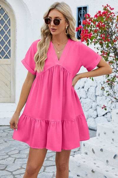 Ruched Tiered V-Neck Short Sleeve Mini Dress - Trendsi - Flyclothing LLC