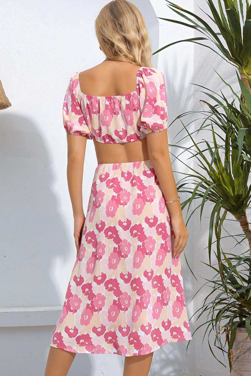 Floral Cutout Square Neck Puff Sleeve Dress - Trendsi - Flyclothing LLC