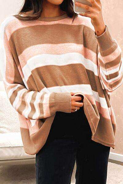 Striped Round Neck Long Sleeve Sweater - Trendsi - Flyclothing LLC