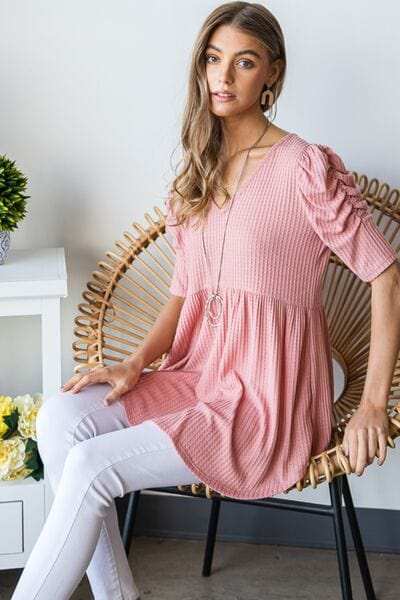 Heimish Full Size Waffle Knit V-Neck Babydoll Top - Trendsi - Flyclothing LLC