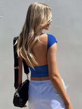 Backless Short Sleeve Cropped Blouse - Trendsi - Flyclothing LLC