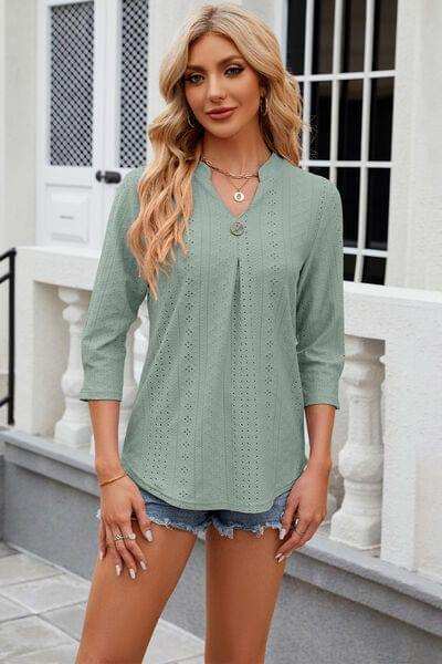 Eyelet Notched Knit Jacquard Top - Trendsi - Flyclothing LLC