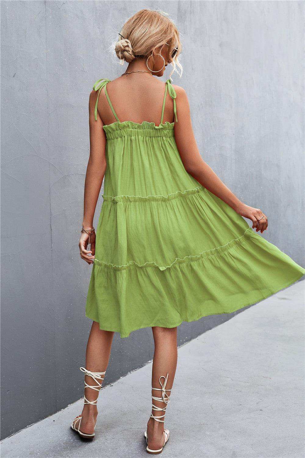 Tie-Shoulder Frill Trim Sleeveless Dress - Trendsi - Flyclothing LLC