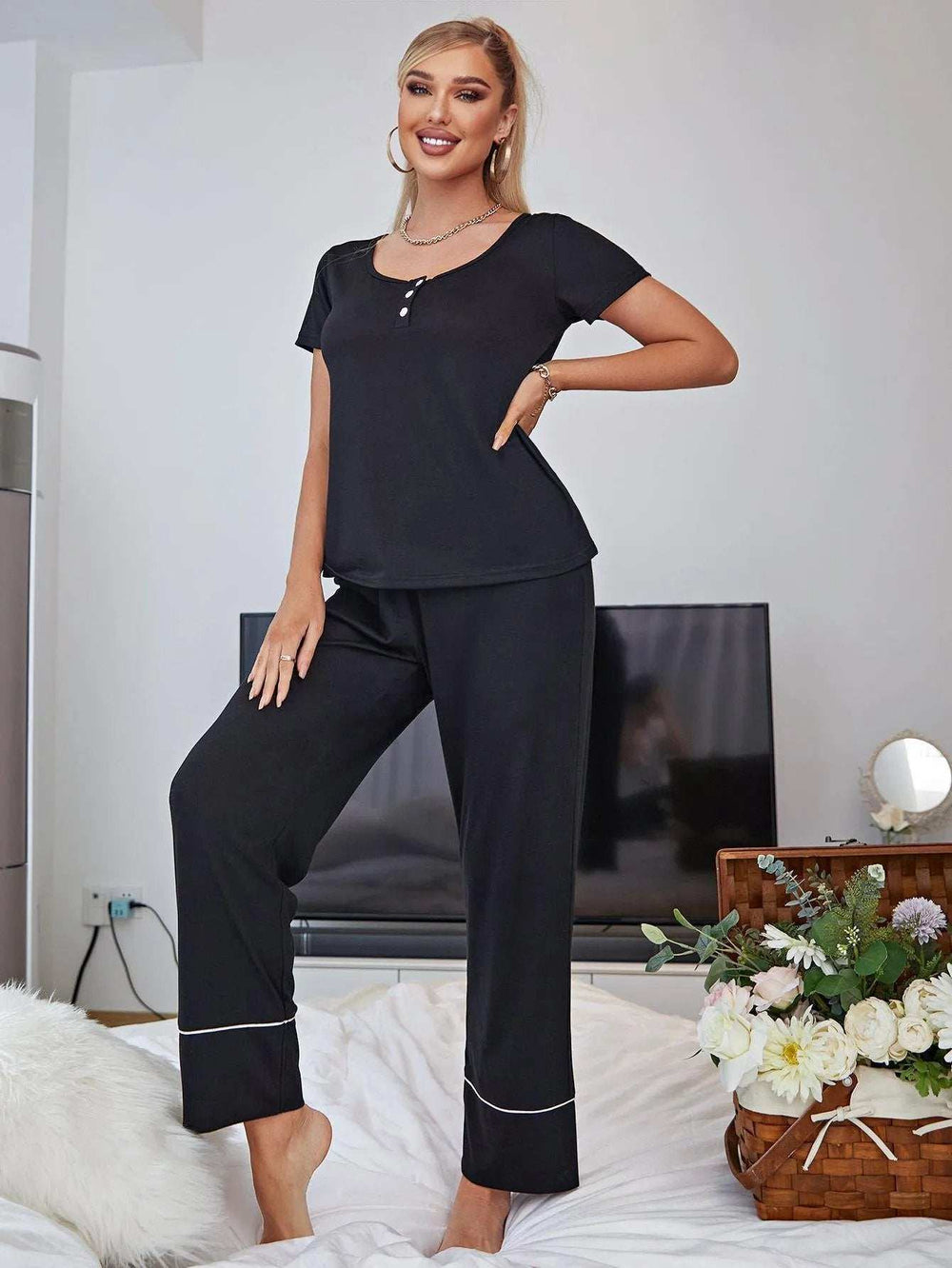 Scoop Neck Top and Elastic Waist Pants Lounge Set - Trendsi - Flyclothing LLC