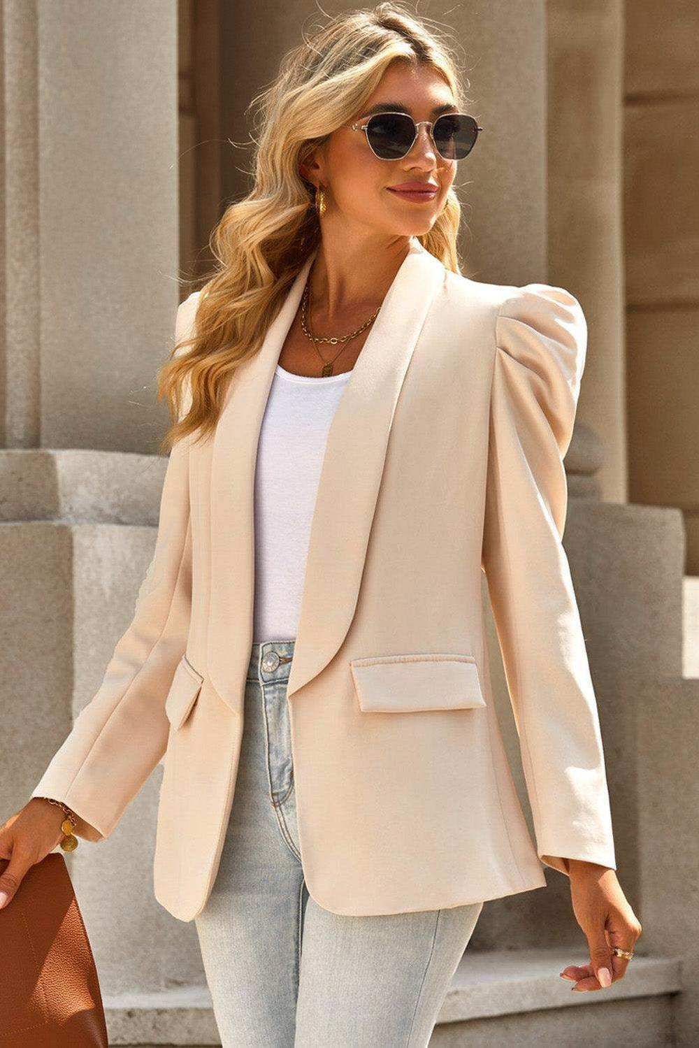 Puff Sleeve Shawl Collar Blazer - Trendsi - Flyclothing LLC