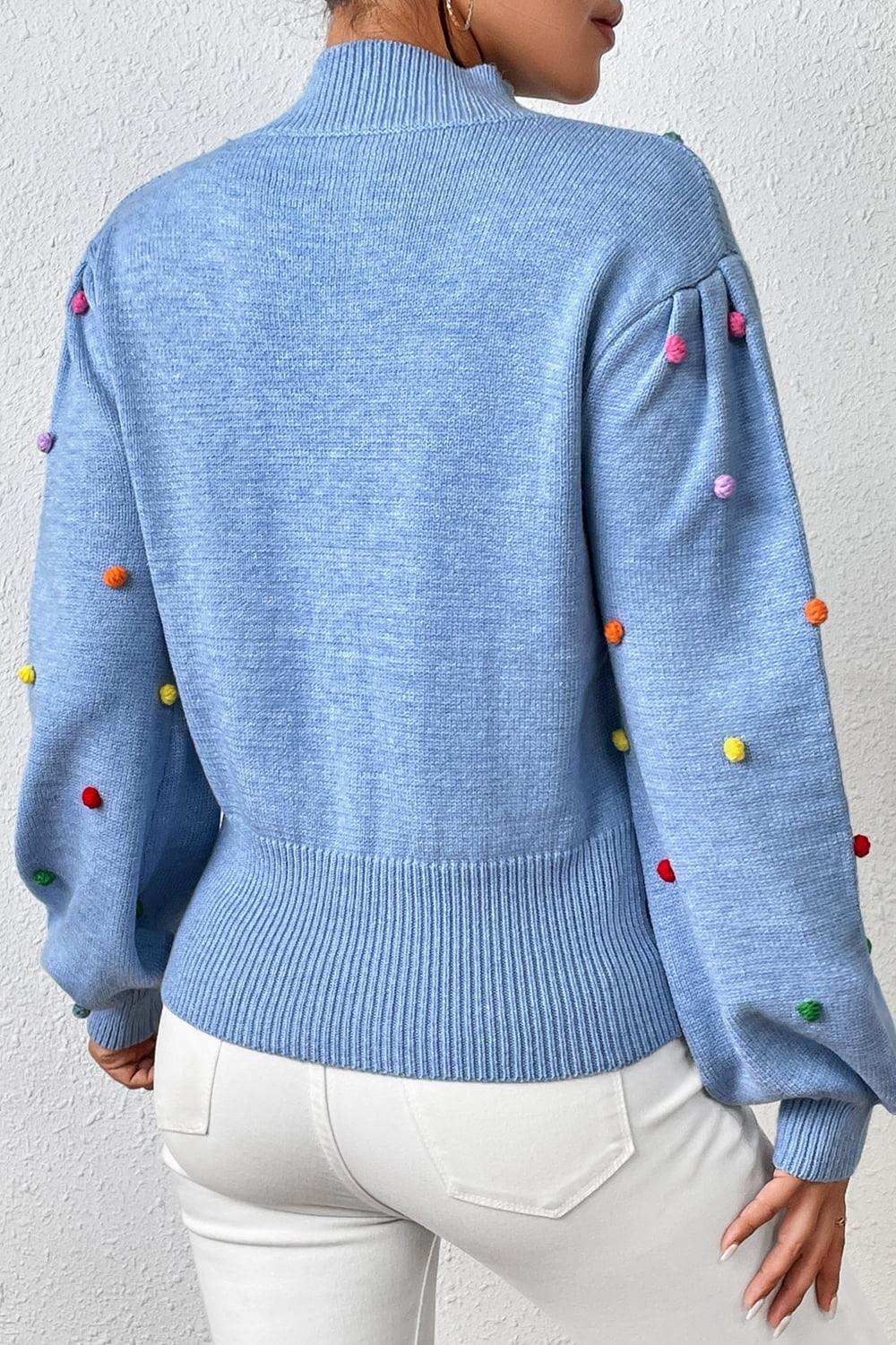 Pom-Pom Trim Mock Neck Long Sleeve Pullover Sweater - Trendsi - Flyclothing LLC