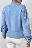 Pom-Pom Trim Mock Neck Long Sleeve Pullover Sweater - Trendsi - Flyclothing LLC