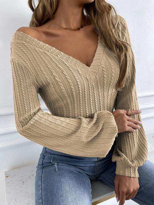 Cable-Knit V-Neck Long Sleeve Knit Top - Trendsi - Flyclothing LLC