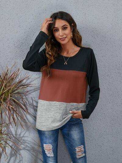 Color Block Round Neck Long Sleeve T-Shirt - Trendsi - Flyclothing LLC
