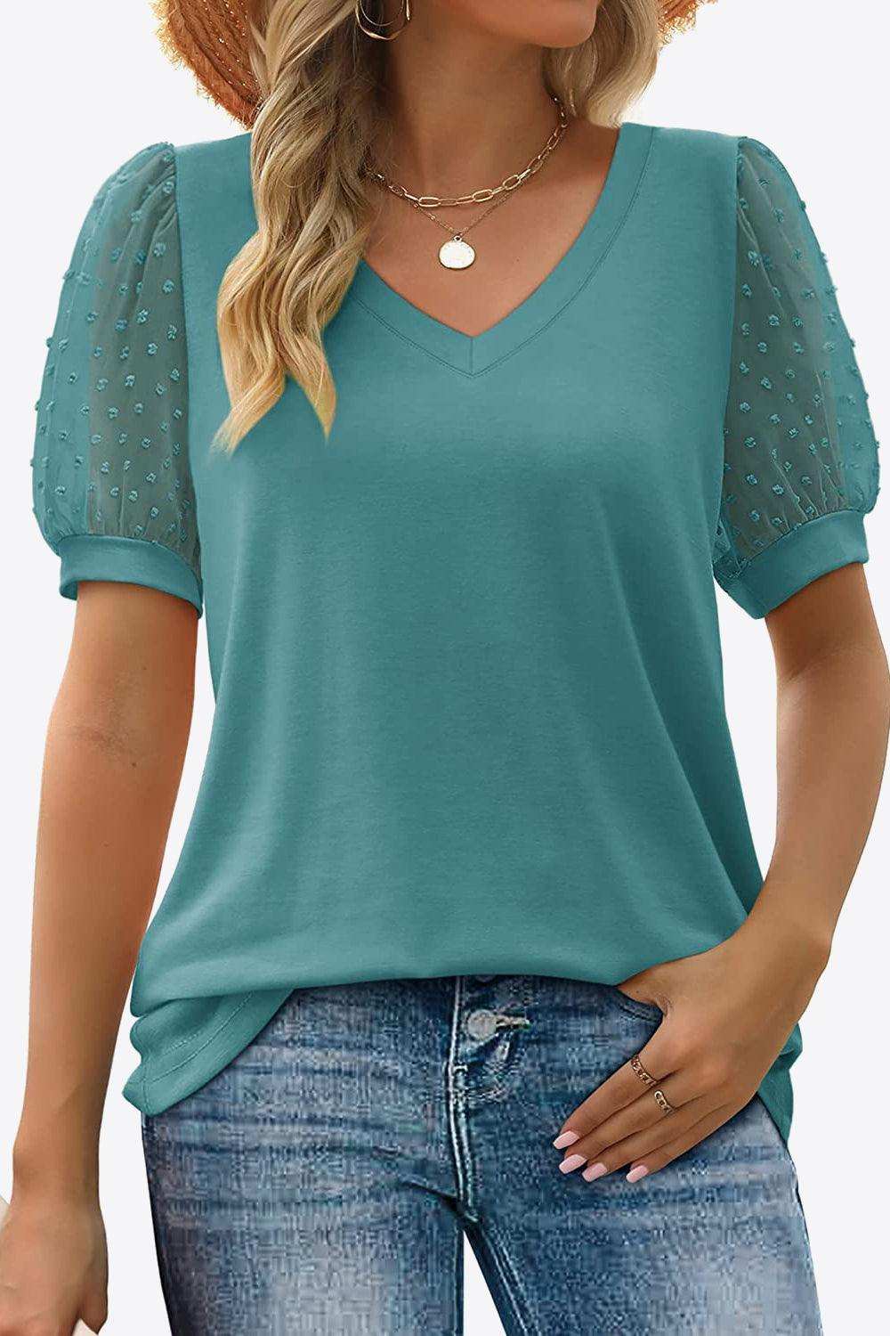 Swiss Dot Puff Sleeve V-Neck Tee - Trendsi - Flyclothing LLC
