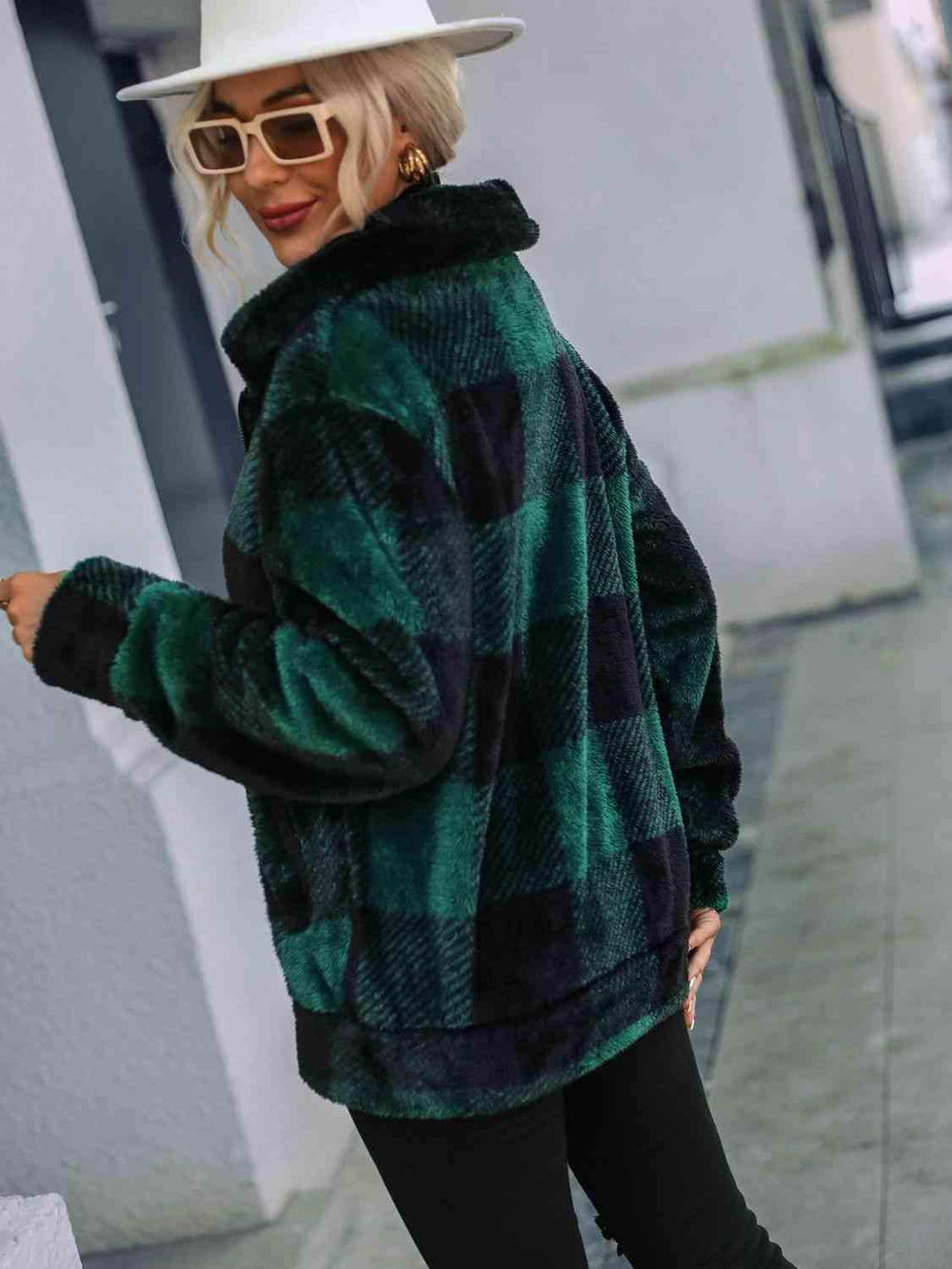 Plaid Zip-Up Collared Jacket - Trendsi - Flyclothing LLC