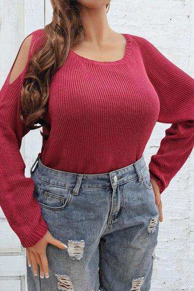 Plus Size Cold Shoulder Round Neck Sweater - Trendsi - Flyclothing LLC