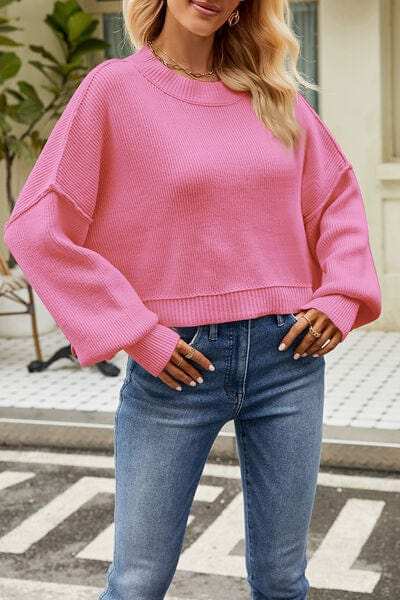 Round Neck Dropped Shoulder Sweater - Trendsi - Flyclothing LLC