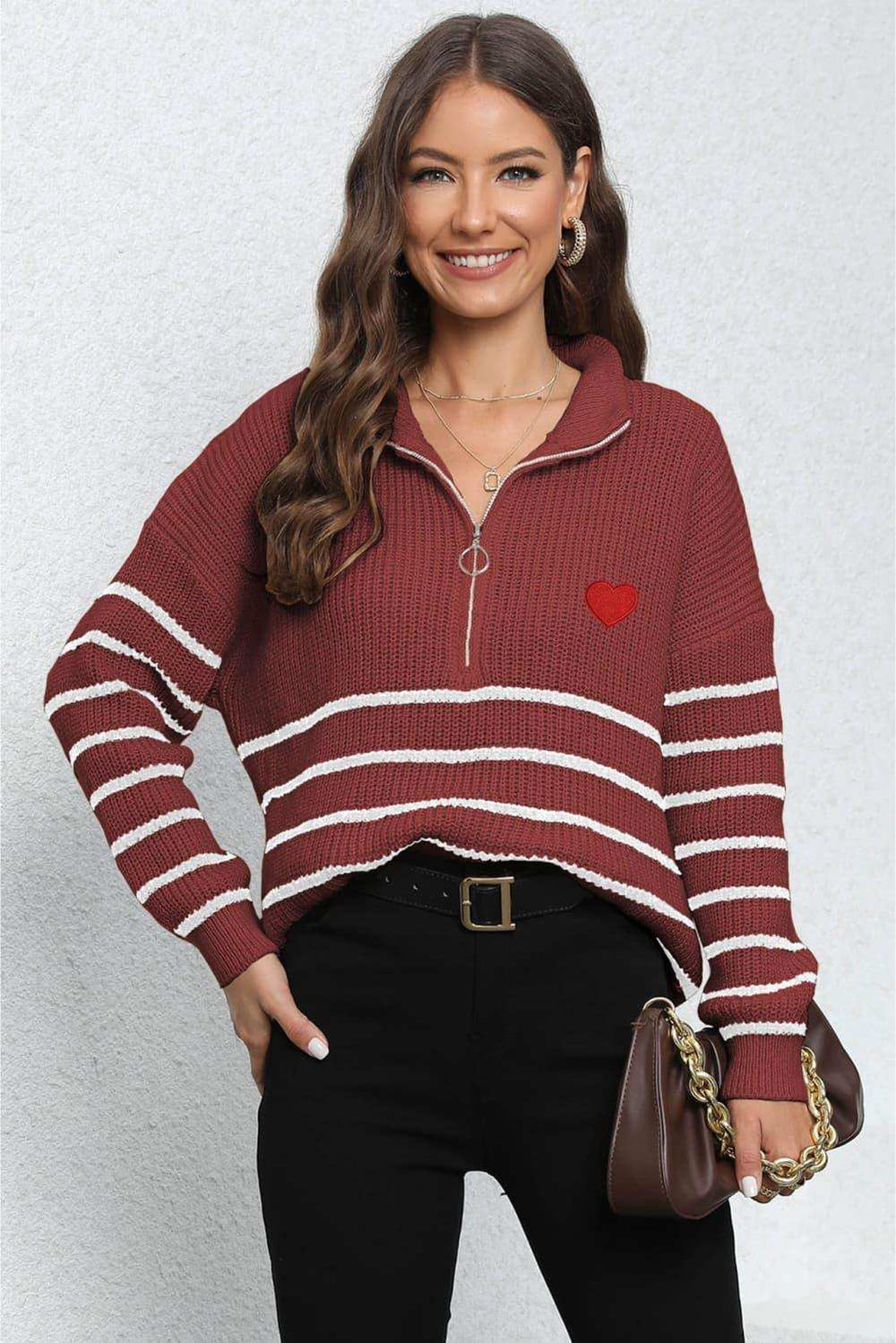 Striped Zip-Up Long Sleeve Ribbed Sweater - Trendsi - Flyclothing LLC