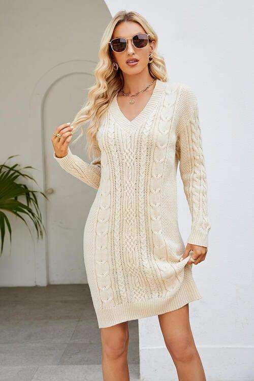 Cable-Knit Long Sleeve Sweater Dress - Trendsi - Flyclothing LLC