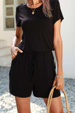 Drawstring Waist Short Sleeve Romper with Pockets - Trendsi - Flyclothing LLC