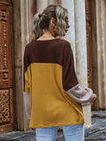 Color Block Waffle-Knit Long Sleeve Top - Trendsi - Flyclothing LLC
