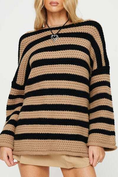 Striped Round Neck Dropped Shoulder Sweater - Trendsi - Flyclothing LLC