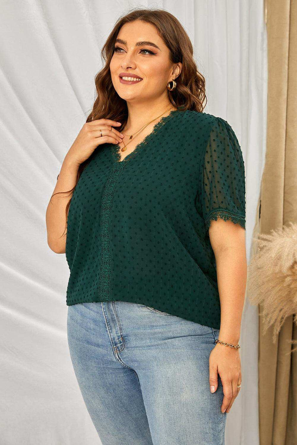 Plus Size Swiss Dot Spliced Lace V-Neck Blouse - Trendsi - Flyclothing LLC