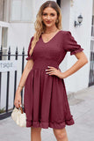Swiss Dot Frill Trim Flounce Sleeve V-Neck Dress - Trendsi - Flyclothing LLC