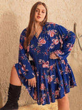 Plus Size Printed Tie Neck Balloon Sleeve Mini Dress - Trendsi - Flyclothing LLC