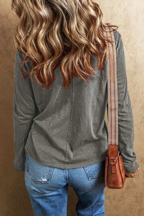 Exposed Seam V-Neck Long Sleeve T-Shirt - Trendsi - Flyclothing LLC