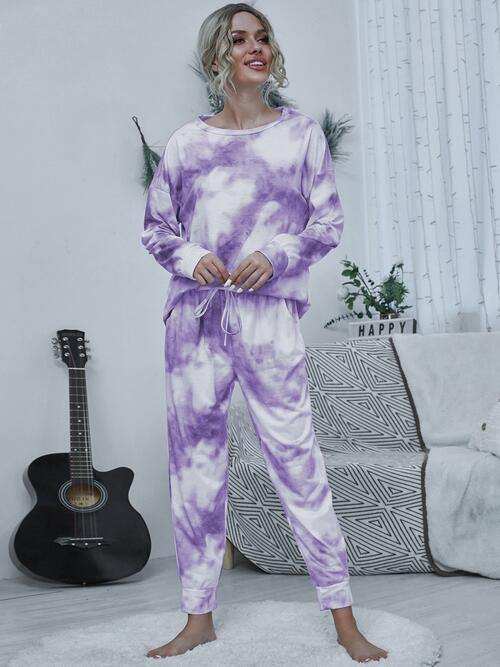 Tie-dye Round Neck Top and Drawstring Pants Lounge Set - Trendsi - Flyclothing LLC