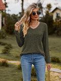 Ribbed V-Neck Long Sleeve Tee - Trendsi - Flyclothing LLC