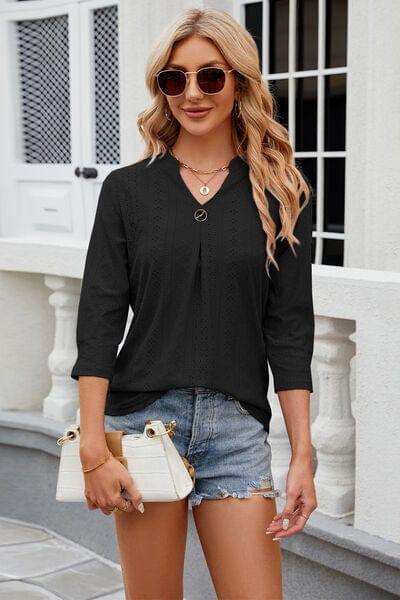 Eyelet Notched Knit Jacquard Top - Trendsi - Flyclothing LLC