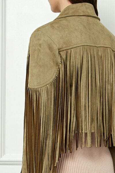 Veveret Suede Fringe Long Sleeve Moto Jacket - Trendsi - Flyclothing LLC