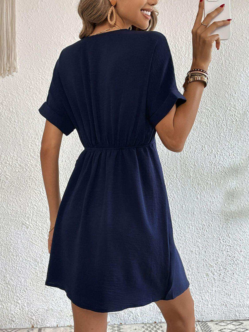 Tied Cuffed Sleeve Surplice Dress - Trendsi - Flyclothing LLC