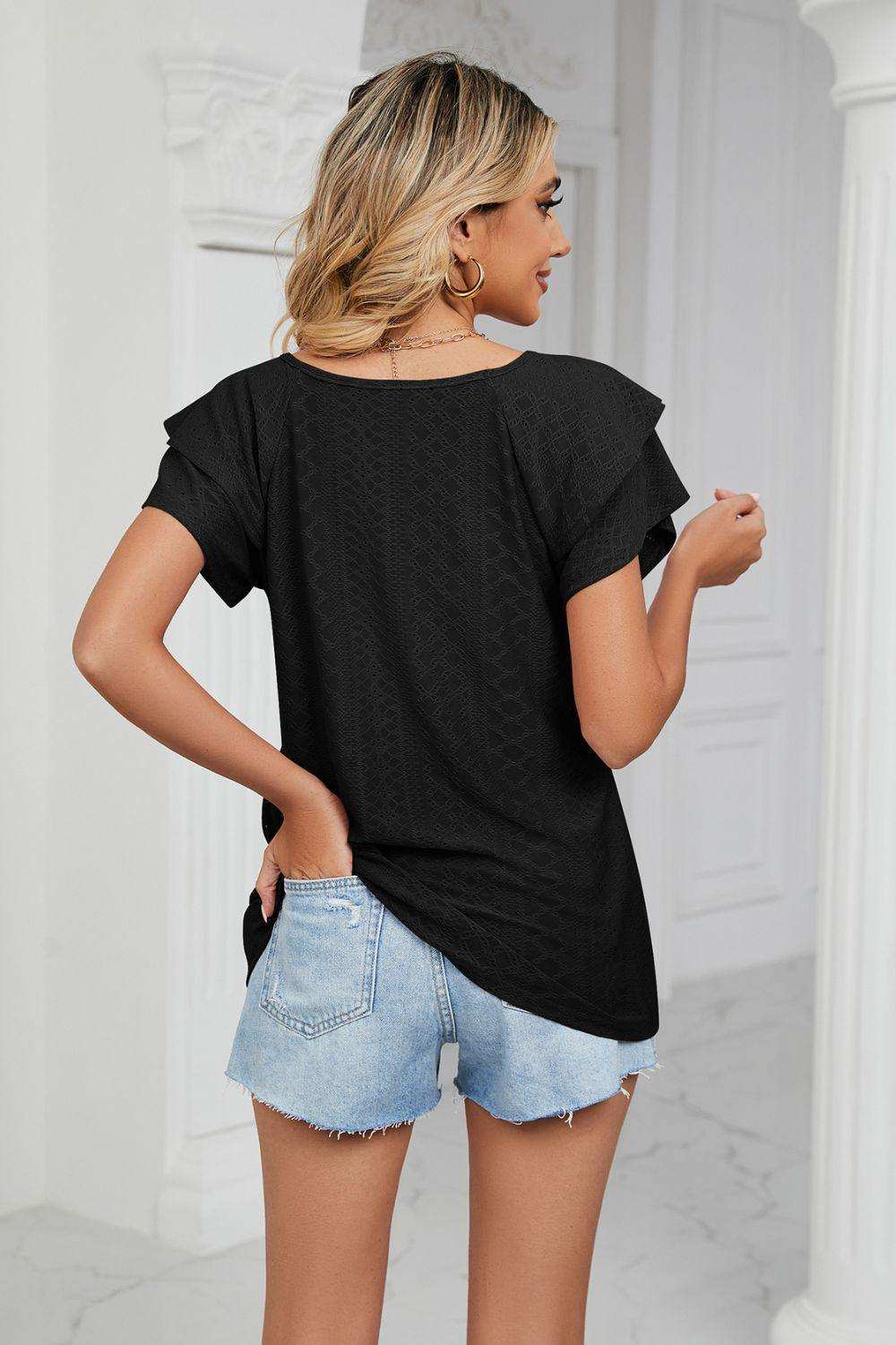 Eyelet Layered Flutter Sleeve V-Neck Knit Top - Trendsi - Flyclothing LLC