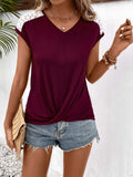 Spliced Lace V-Neck Twisted Hem Tee - Trendsi - Flyclothing LLC