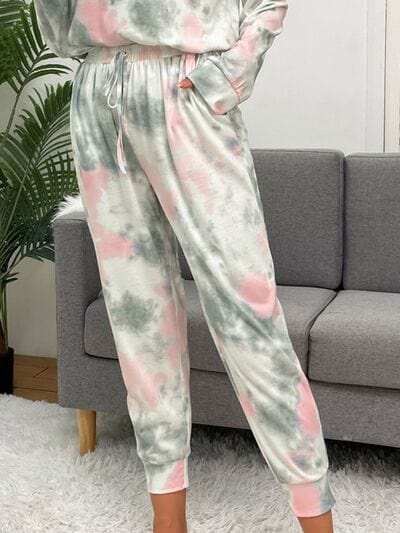 Tie-Dye Round Neck Top and Drawstring Pants Lounge Set - Trendsi - Flyclothing LLC