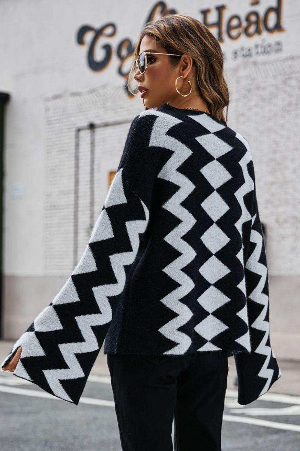 Geometric Slit Flare Sleeve Round Neck Sweater - Trendsi - Flyclothing LLC