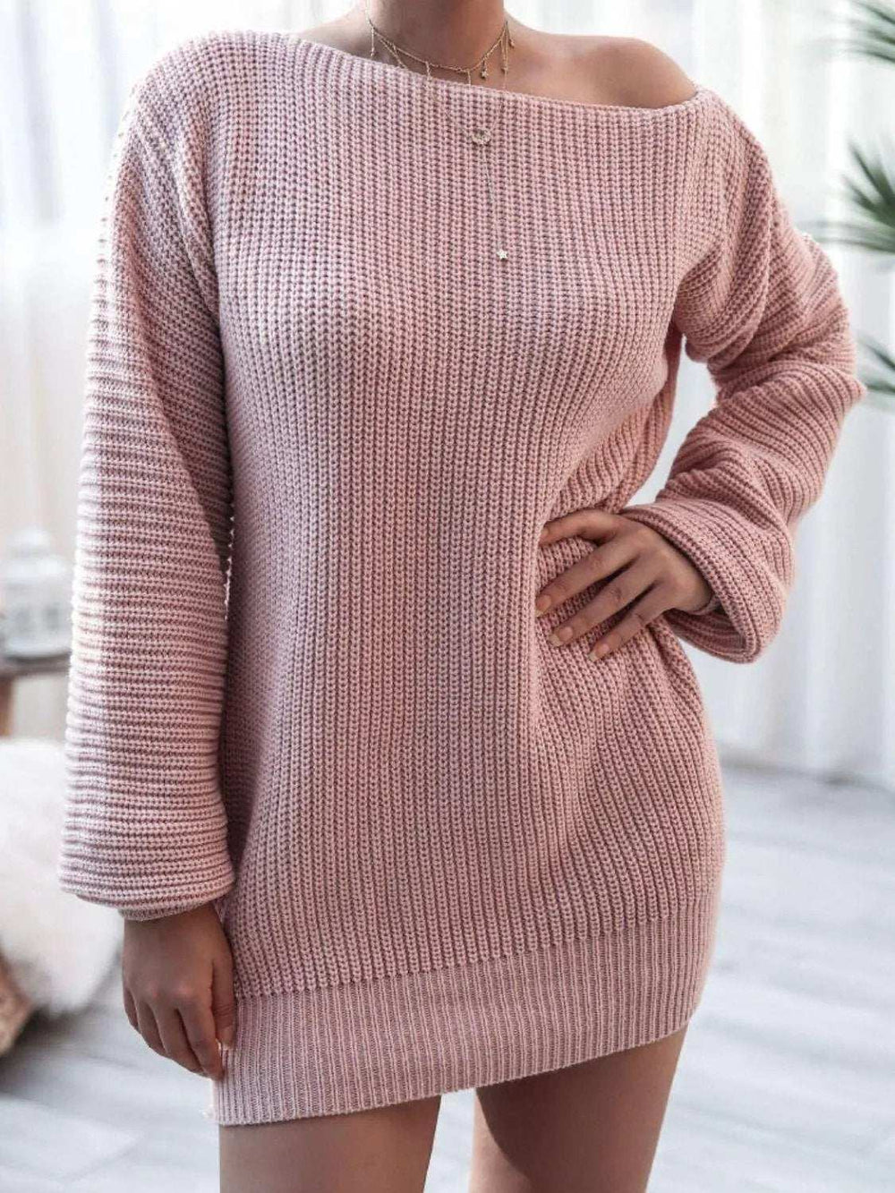 Rib-Knit Balloon Sleeve Boat Neck Sweater Dress - Trendsi - Flyclothing LLC