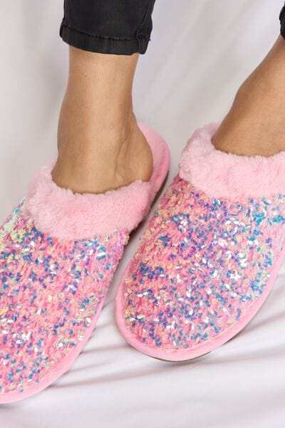 Forever Link Sequin Plush Round Toe Slippers - Trendsi - Flyclothing LLC