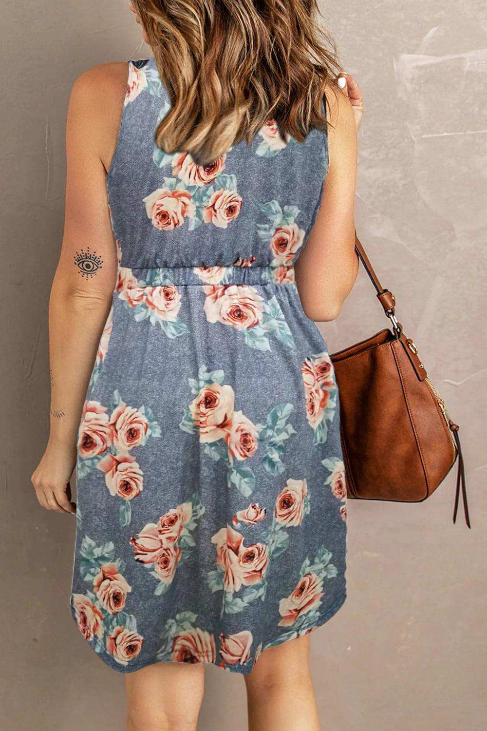 Double Take Printed Scoop Neck Sleeveless Buttoned Magic Dress with Pockets - Trendsi - Flyclothing LLC