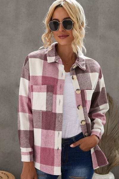Plaid Button Up Dropped Shoulder Jacket - Trendsi - Flyclothing LLC