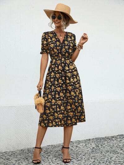 Slit Printed V-Neck Short Sleeve Dress - Trendsi - Flyclothing LLC