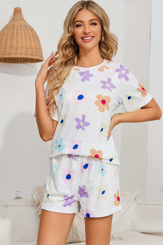 Floral Round Neck Raglan Sleeve Top and Shorts Lounge Set - Trendsi - Flyclothing LLC