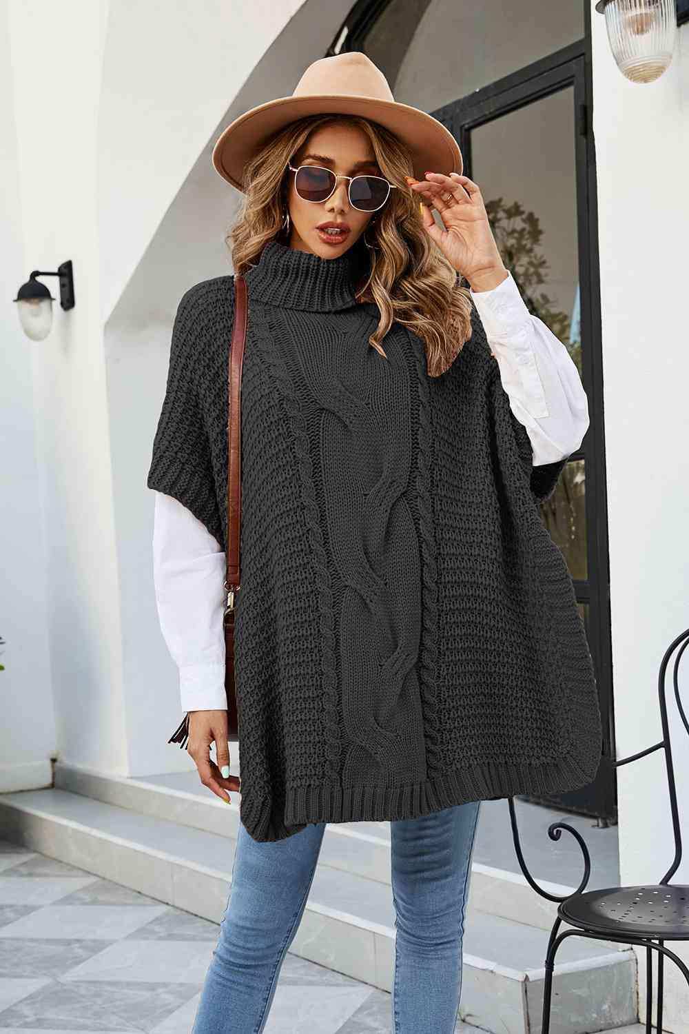 Cable-Knit Turtleneck Slit Sweater - Trendsi - Flyclothing LLC