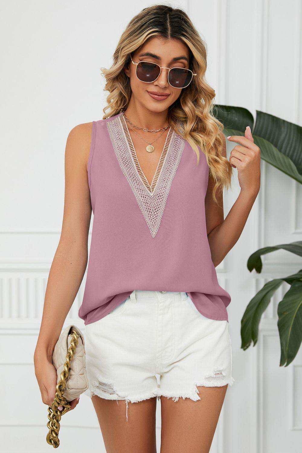 Contrast Trim Plunge Sleeveless Blouse - Trendsi - Flyclothing LLC