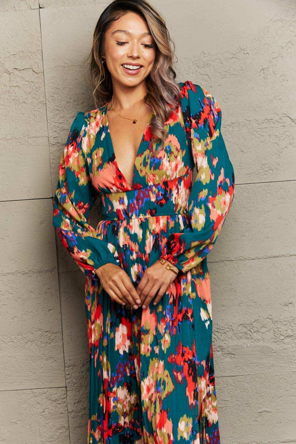 Printed Deep V Slit Pleated Dress - Trendsi - Flyclothing LLC