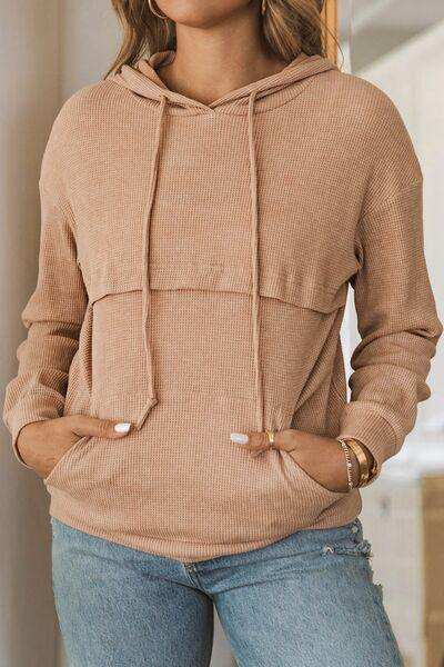 Waffle-Knit Drawstring Kangaroo Pocket Hoodie - Trendsi - Flyclothing LLC